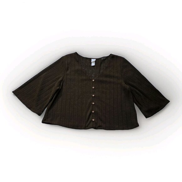 H&M Top Womens L Brown Sheer SS Button Up Knit Ribbed Cropped Relaxed Whimsigoth - Picture 9 of 15